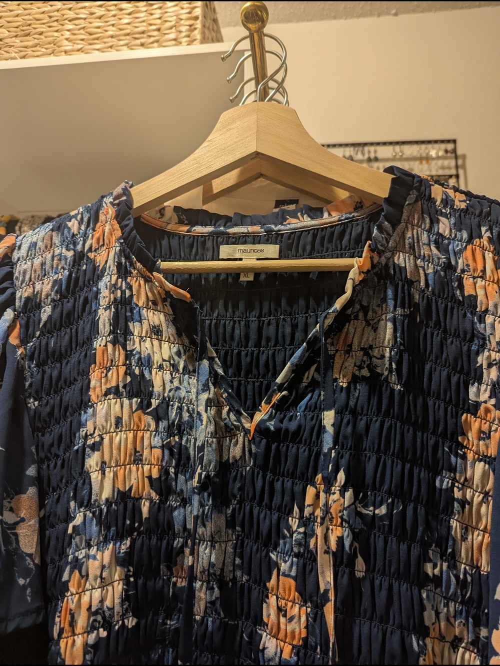 Maurices Navy Floral Smocked Short Sleeve Blouse - Picture 4 of 7